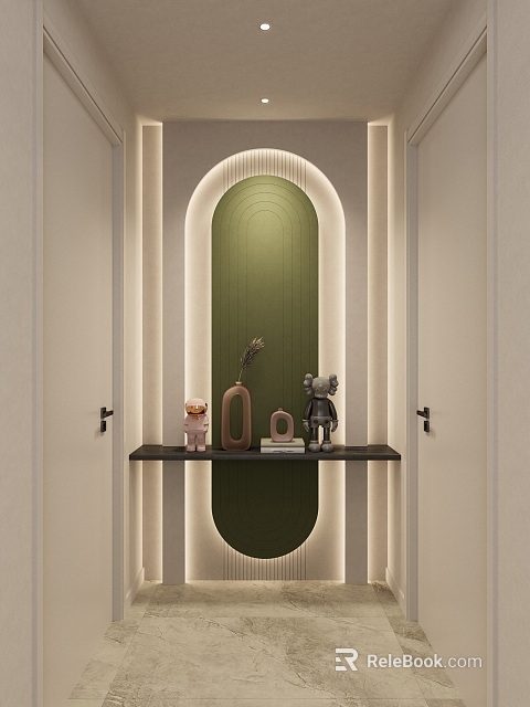 Modern Foyer Hallway Interior With Arched Green Backdrop Lighting Strips And Decorative Shelf 3d model 