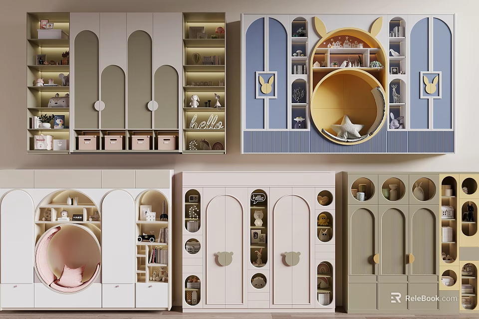 Cute Kids Wardrobe Designs With Arched Doors Circular Windows And Storage Drawers 3d model 