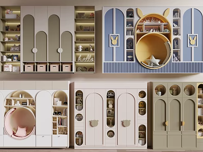 Cute Kids Wardrobe Designs With Arched Doors Circular Windows And Storage Drawers 3d model