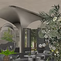 Elegant Modern Sales Office With Arched Ceiling Design And Lush Natural Indoor Green Plants