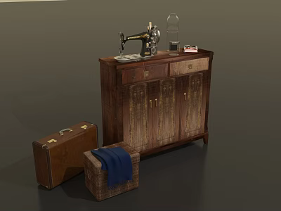 Vintage Wooden Cabinet With Sewing Machine Glass Dome And Front Suitcases Wicker Basket 3d model