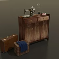 Vintage Wooden Cabinet With Sewing Machine Glass Dome And Front Suitcases Wicker Basket