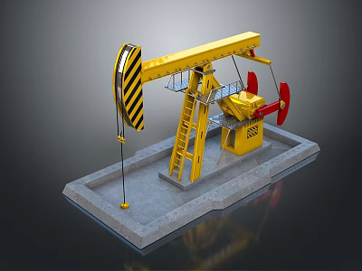 Yellow Oil Pump Jack Model With Concrete Platform Black Yellow Warning Stripes And Red Components 3d model