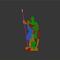 Man as Roman Soldier in Red Cloak Holding Spear and Shield Standing on Base
