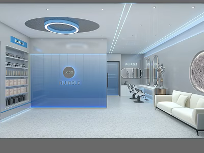 Modern Bright Beauty Haircare Salon Interior With Product Shelves Mirrors Sofa And Styling Area 3d model