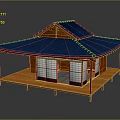 Traditional Japanese Building Model Featuring Blue Roof Wooden Structure And Shoji Doors