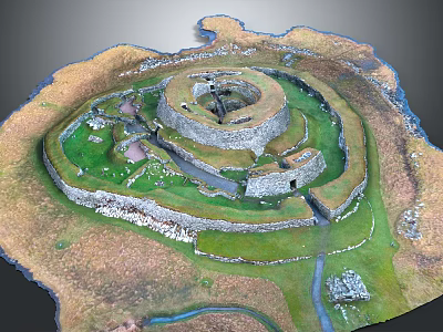 Cartoon Scene of Ancient Circular Fortress Featuring Multiple Ring Walls Grassland Paths and Small Buildings 3d model
