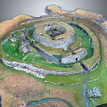 Cartoon Scene of Ancient Circular Fortress Featuring Multiple Ring Walls Grassland Paths and Small Buildings
