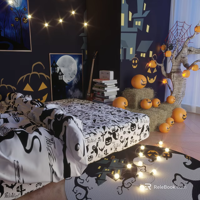 Halloween Themed Bedroom Interior With Dark Walls Spider Webs And Pumpkin Decorations 3d model 