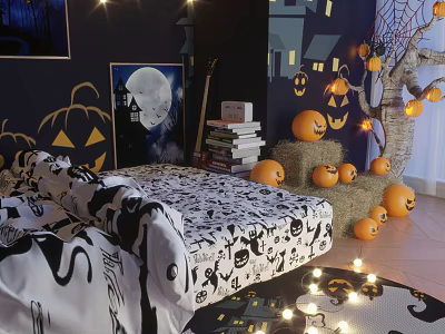 Halloween Themed Bedroom Interior With Dark Walls Spider Webs And Pumpkin Decorations 3d model
