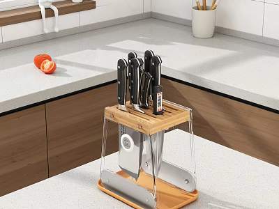 Modern Kitchen Countertop With Acrylic Wooden Knife Block And Sharp Knives 3d model