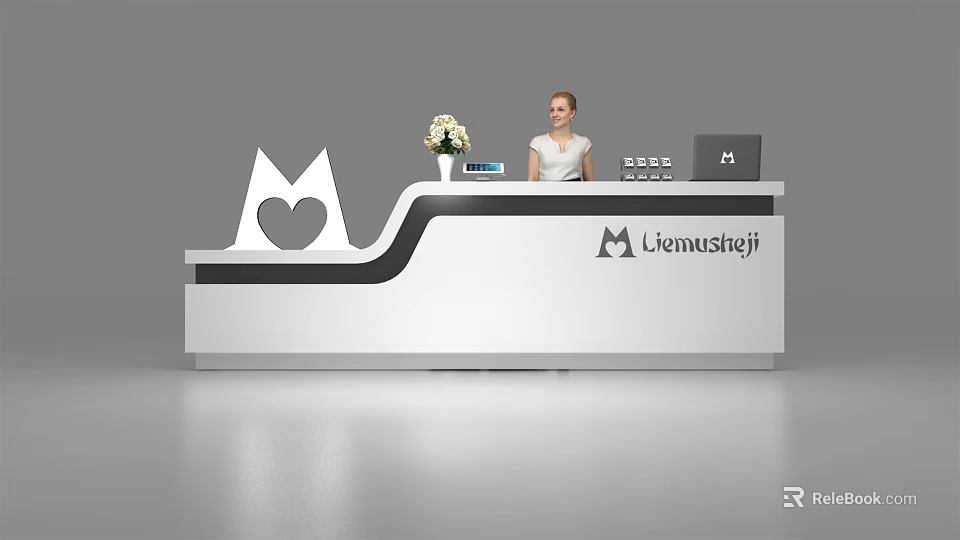 Modern White And Black Reception Desk With Heart Shaped Decoration Vase Laptop And Logo 3d model 