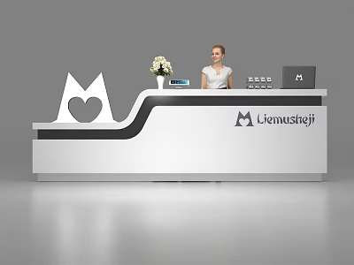 Modern White And Black Reception Desk With Heart Shaped Decoration Vase Laptop And Logo 3d model