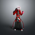 White Haired Man in Red Coat and Black Pants Holding Pink Object in Standing Pose