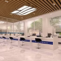 Modern Administrative Service Hall With White Counters Black Chairs Large Windows And Bright Lighting