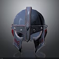 Metallic Blue Warrior Helmet With Red Decorative Patterns And Ornate Design 3d model