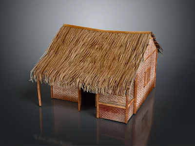 Traditional Rustic Wooden House with Thatch Roof and Wooden Frame Structure Design 3d model