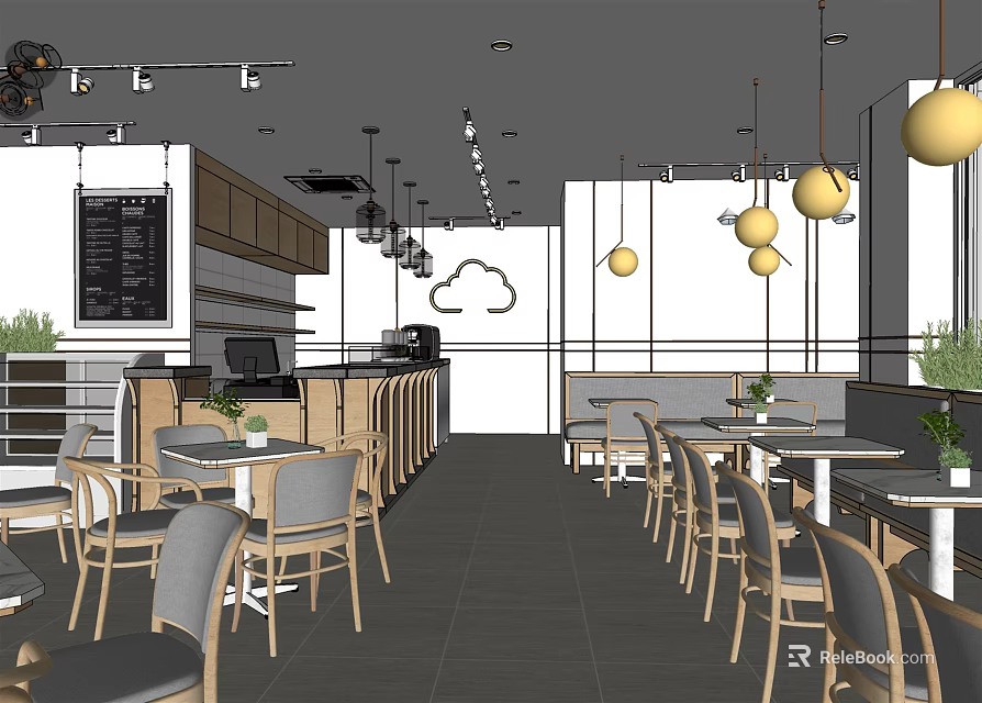 Modern Restaurant Interior With Wooden Tables Gray Chairs And Pendant Lights 3d model 