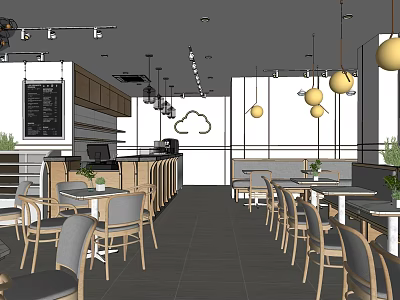 Modern Restaurant Interior With Wooden Tables Gray Chairs And Pendant Lights 3d model