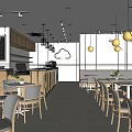 Modern Restaurant Interior With Wooden Tables Gray Chairs And Pendant Lights
