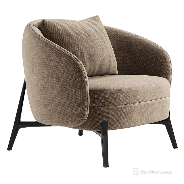 Beige Upholstered Accent Chair with Rounded Arms and Black Metal Legs 3d model 