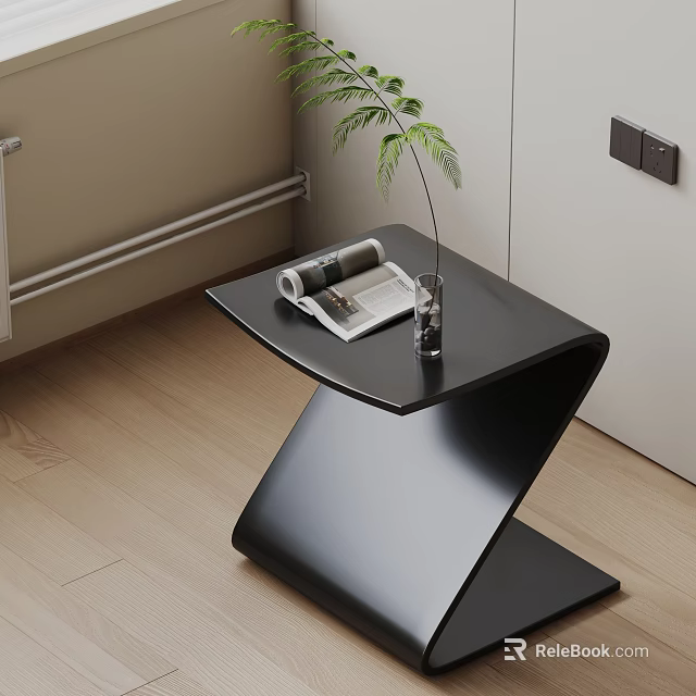 Modern Black Z Shaped Coffee Table with Magazine Transparent Vase and Green Plant 3d model 