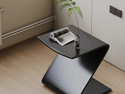 Modern Black Z Shaped Coffee Table with Magazine Transparent Vase and Green Plant 3d model