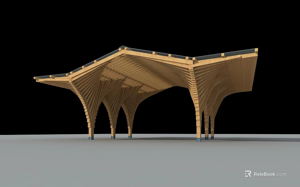 Modern Wooden Pergola Design With Curved Beams And Unique Roof Structure 3d model 