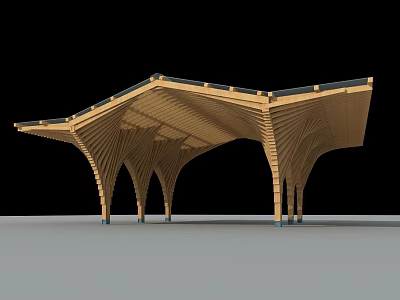 Modern Wooden Pergola Design With Curved Beams And Unique Roof Structure 3d model