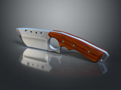 Tactical Weapon Knife With Silver Blade Wooden Handle And Metal Rivets On Gray Background 3d model