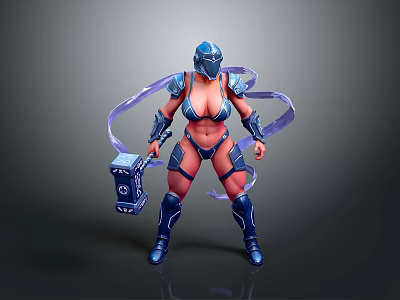 Female Warrior In Blue Armor With Helmet Holding Hammer And Purple Ribbons 3d model