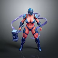 Female Warrior In Blue Armor With Helmet Holding Hammer And Purple Ribbons