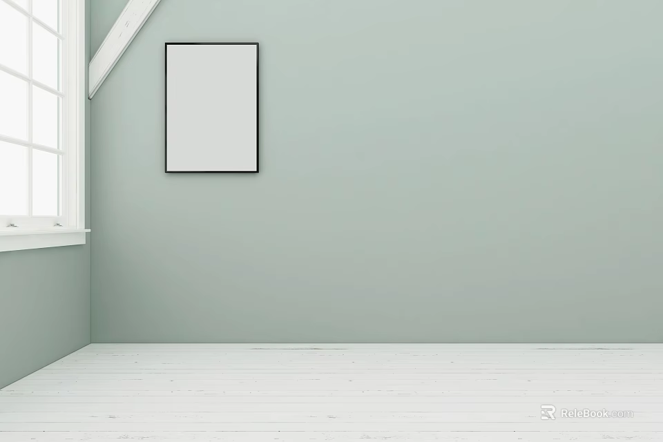 Light Green Wall Room With White Wooden Floor White Window Frame And Blank Black Frame 3d model 
