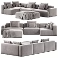Modern Light Gray Sectional Sofa with Plush Cushions Round Ottoman and Throw Blanket