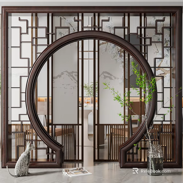 Traditional Chinese Circular Wooden Door Arch With Lattice Design And Green Plants Interior 3d model 