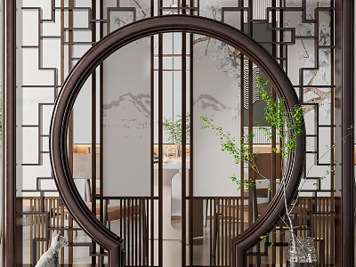 Traditional Chinese Circular Wooden Door Arch With Lattice Design And Green Plants Interior 3d model