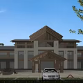 Traditional Modern Office Building With Pitched Roof Wooden Accents Large Windows And Lawn Area