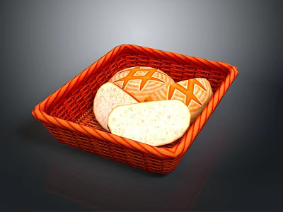 Fresh Artisan Bread Loaves with Cross Patterns in Red Wicker Basket 3d model