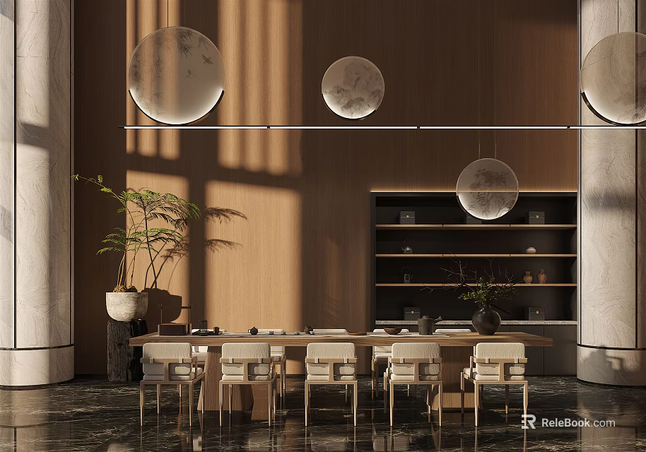 Modern Tea Room Interior With Wooden Walls Circular Pendant Lights Long Table Chairs And Plant 3d model 