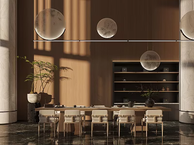 Modern Tea Room Interior With Wooden Walls Circular Pendant Lights Long Table Chairs And Plant 3d model