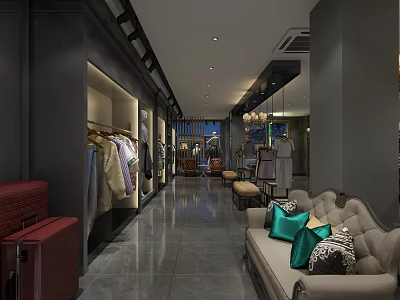Elegant Clothing Store Interior Design With Hanging Apparel Sofa And Decorative Pillows 3d model