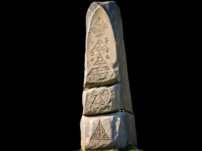 Stone and Wood Stele with Carved Triangular Patterns and Stacked Stones 3d model