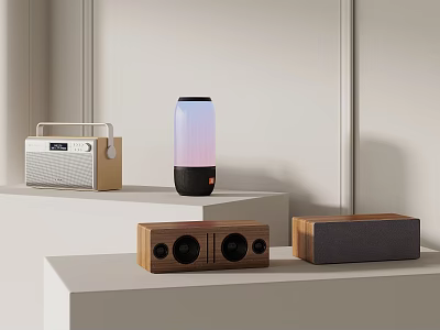 Stylish Audio Speakers With Retro Design Colorful Lighting Wooden Enclosure And Column Shape 3d model