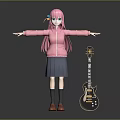 Pink Haired Female Character In Pink Jacket Standing By Electric Guitar