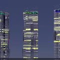 Futuristic Architecture Tall Buildings With Irregular Stacked Design Exterior Yellow Purple Lights