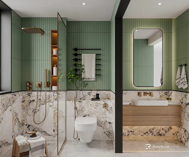 Modern Bathroom Interior With Green Wall Tiles Marble Accents And Vanity Mirror 3d model 