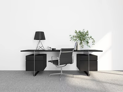 Modern Office Desk With Black Table Lamp Office Chair Green Plant And Drawers 3d model