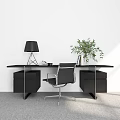 Modern Office Desk With Black Table Lamp Office Chair Green Plant And Drawers
