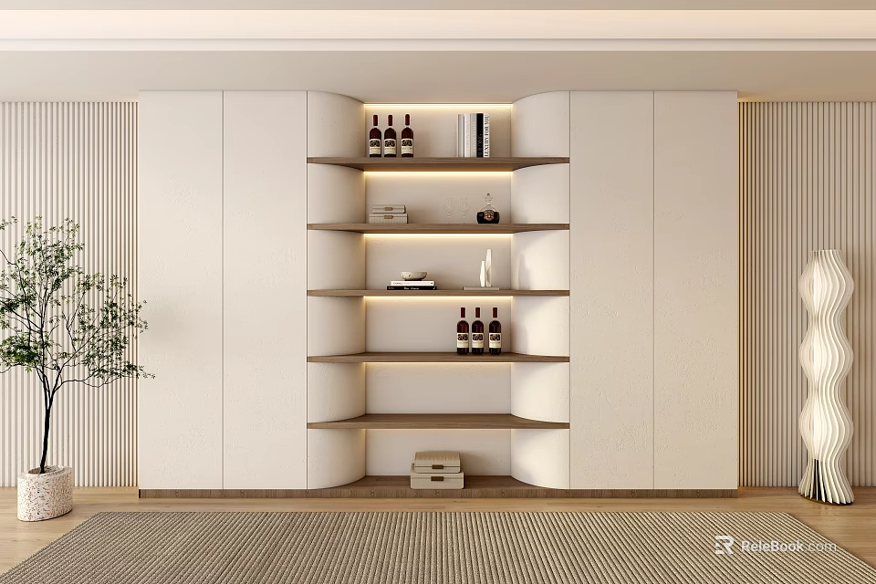 Modern Wine Cabinet Interior Design With Shelves Wine Bottles Books And Decor Items 3d model 