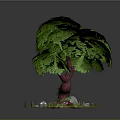 Cartoon Scene of Tree with Green Leaves Trunk Grass Stones and Small Flowers